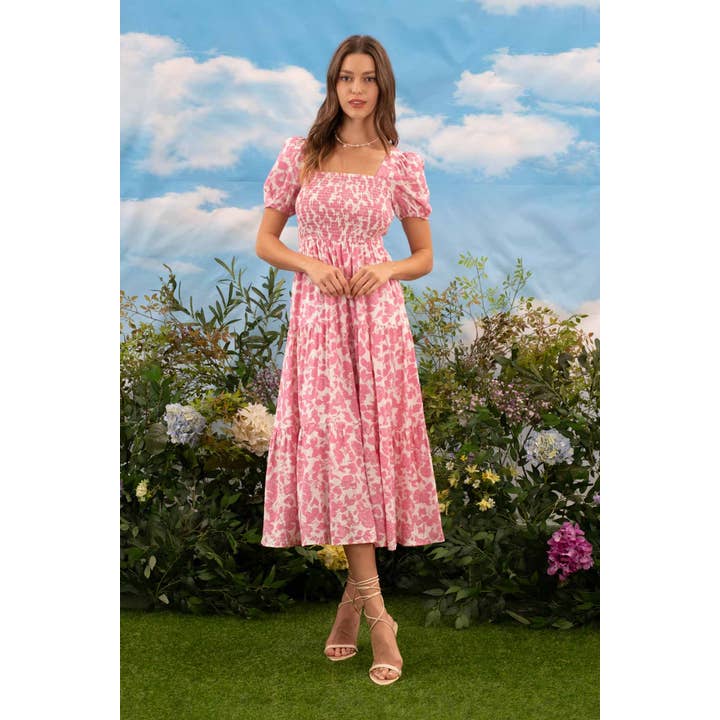 MINE - Wholesale Dress - Women's - CONTRAST FLORAL SQUARE NECK SMOCKED MIDI DRESS
