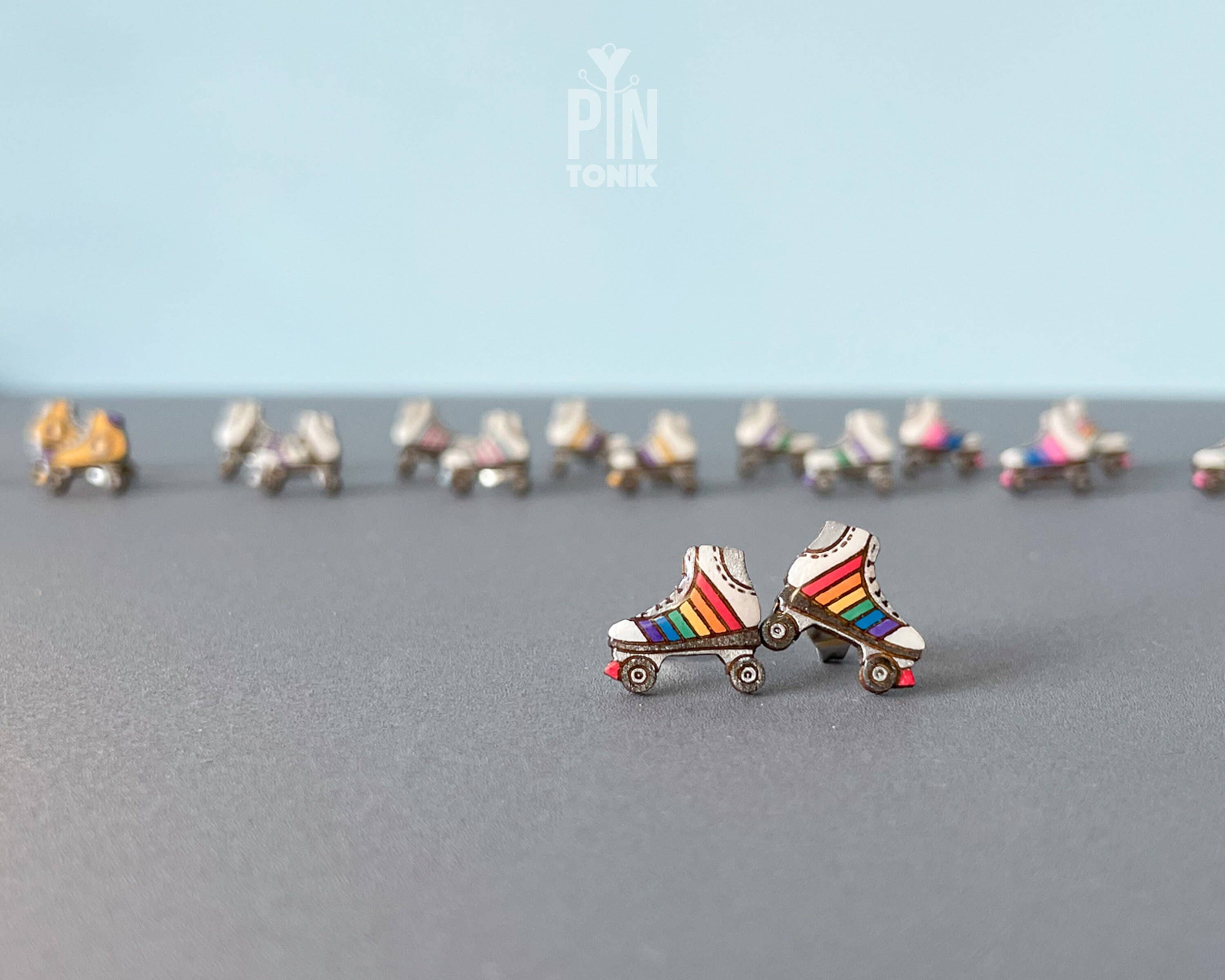 PinTonik - Wholesale Stud/Post Earrings - Retro Roller Skate Pride Flag Wood & Stainless Earrings6