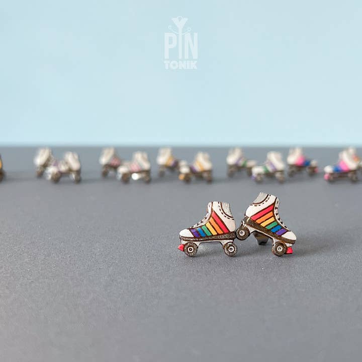 PinTonik - Wholesale Stud/Post Earrings - Retro Roller Skate Pride Flag Wood & Stainless Earrings6