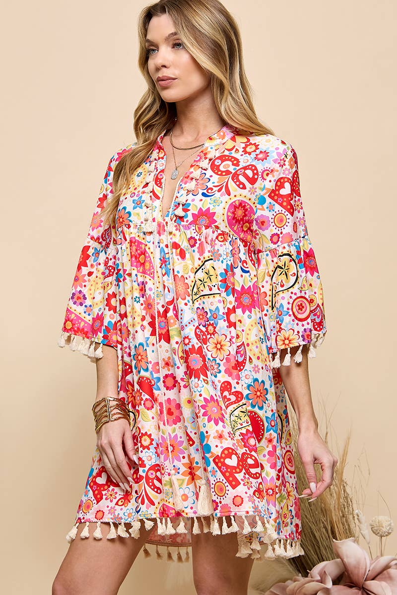 Red Multi Print V Neck Tassel  Dress for wholesale on Faire6