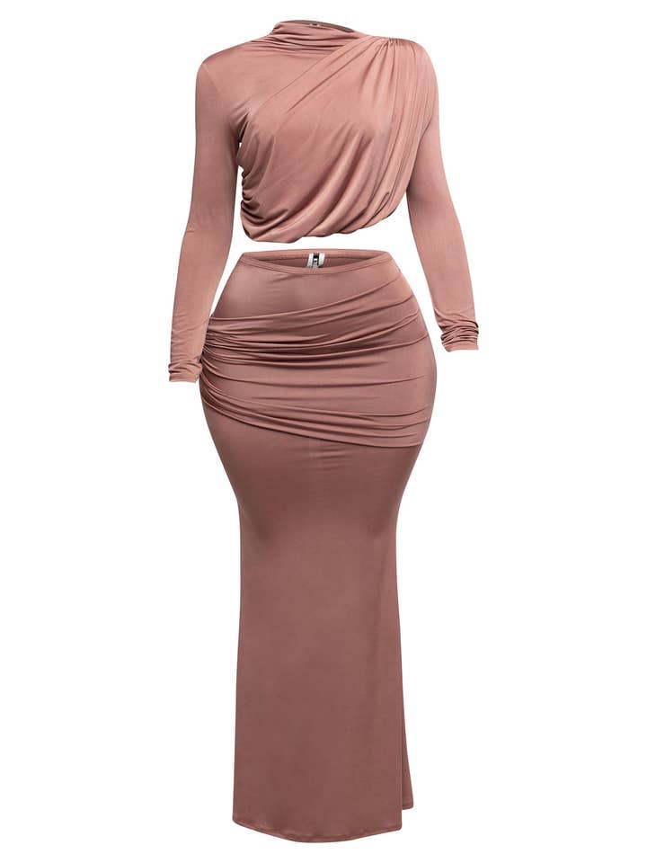 PLUS SIZE Shirring detailed top & long skirt set for wholesale by K Too