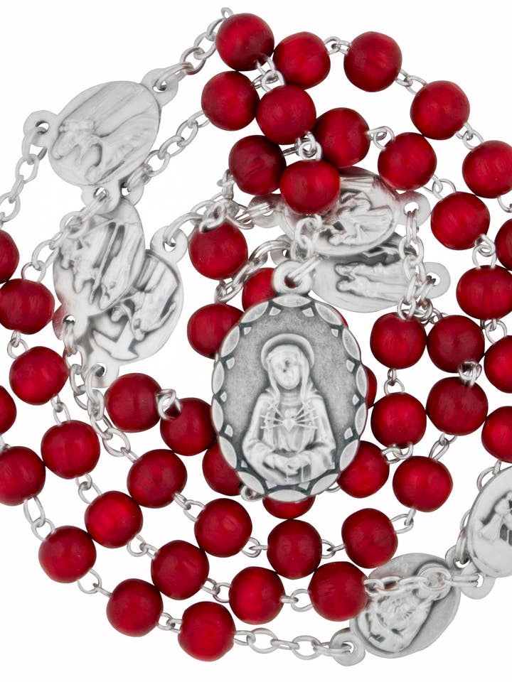 Seven Sorrows Rosary Chaplet with Red Wood Beads for wholesale by Village Gift Importers