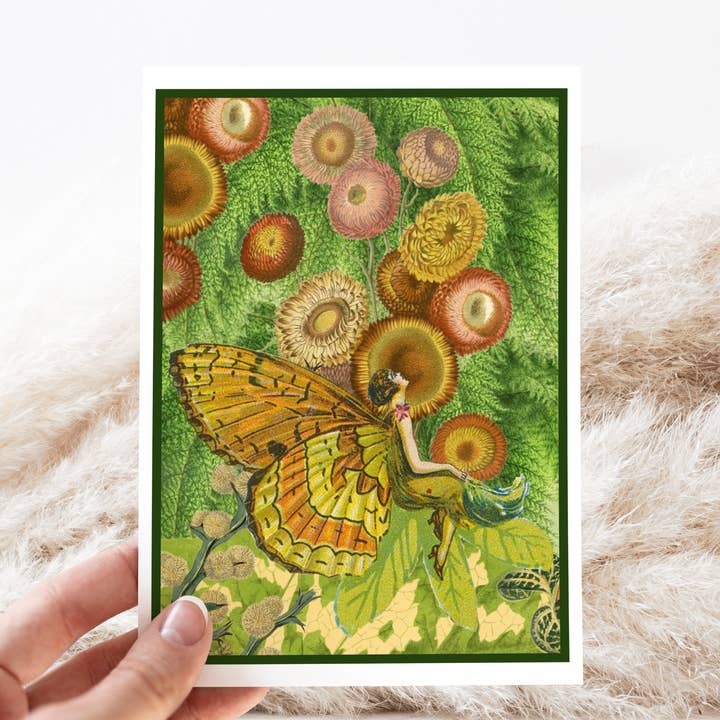 Greeting Card. Vintage Butterfly Fairy Girl. Green Orange. for wholesale by Cheerful Whimsies