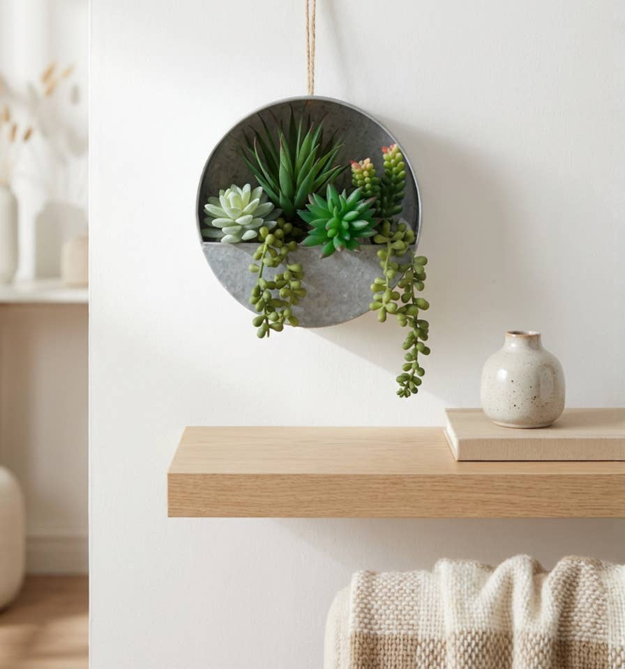 Flora Bunda Inc - Wholesale Artificial Plant - Hanging Galvanized Wall Planter with Faux Succulents1