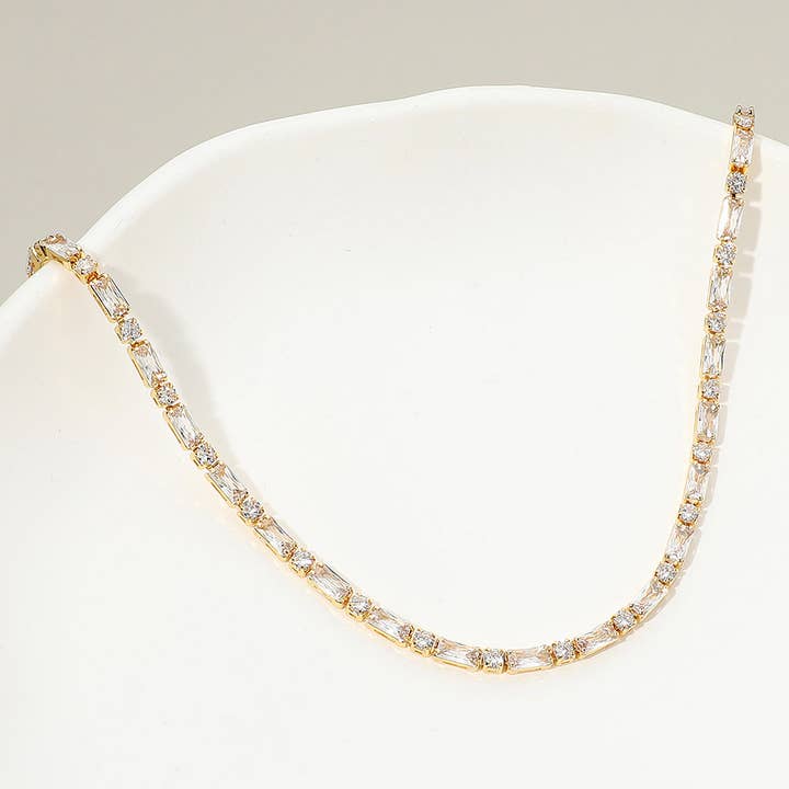 18K Gold Dipped Elegant Round Baguette Tennis Chain Necklace for wholesale by Sensibling Corp.