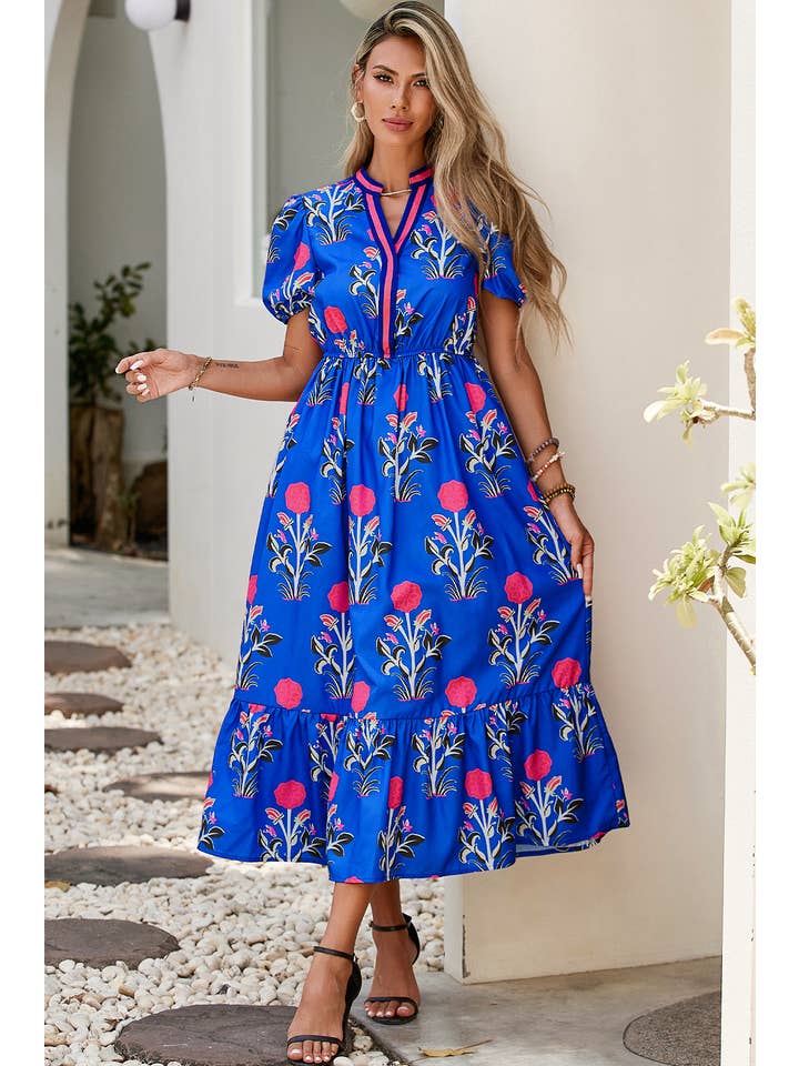 Little Daisy Closet - Wholesale Dress - Women's - LDC Floral Puff Short Sleeve V Neck High Waist Maxi Dress