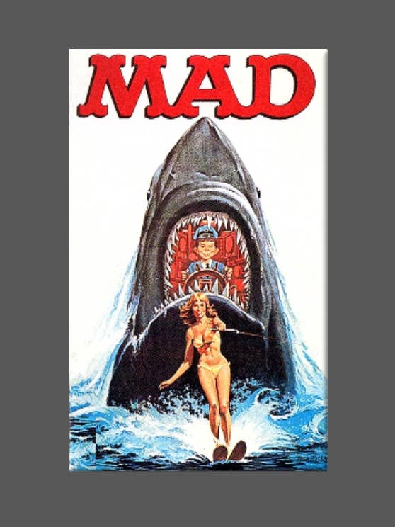 MAD MAGAZINE, Aimant, Bouton, Alfred E Neuman, MAD, Jaws pour la vente par Ba Ba Buttons