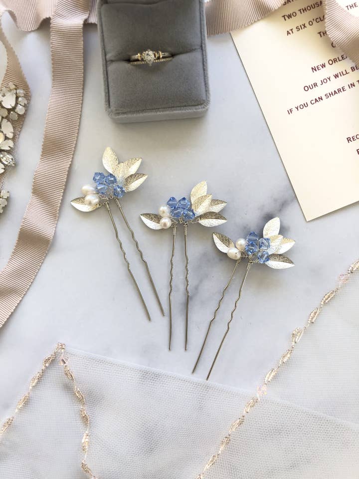 SILVER & Light Blue Crystal Hair Pins (1+) | Something Blue Pins, Pearl Bridal Hair Pins for wholesale by Sweet Olive Hairpieces