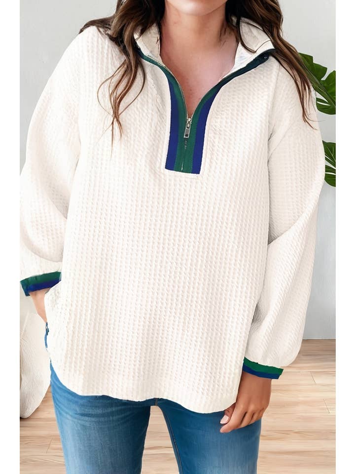 White Waffle Textured Contrast Polo Neck Zip up Jumper for wholesale on Faire0