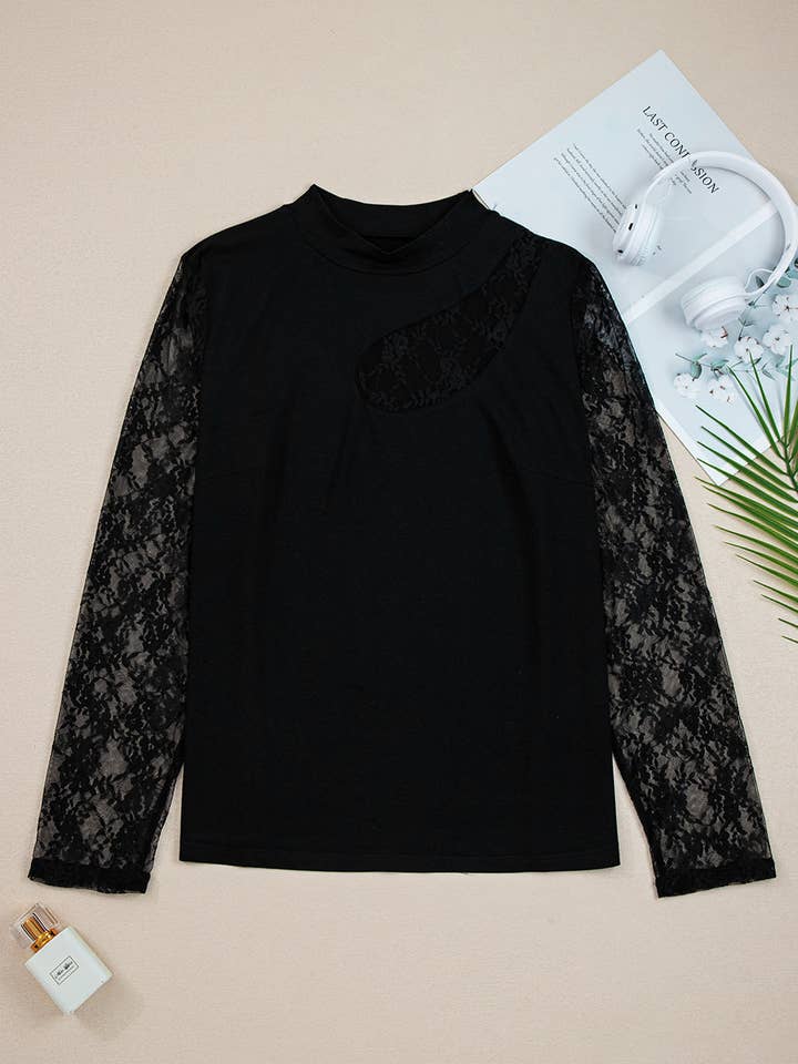 Plus Size Lace Patchwork Cutout Long Sleeve Top for wholesale by PRETTY BASH