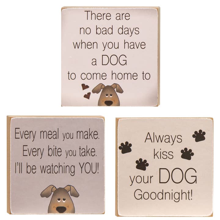 Always Kiss Your Dog Goodnight Block, 3 Assorted for wholesale by The Hearthside Collection