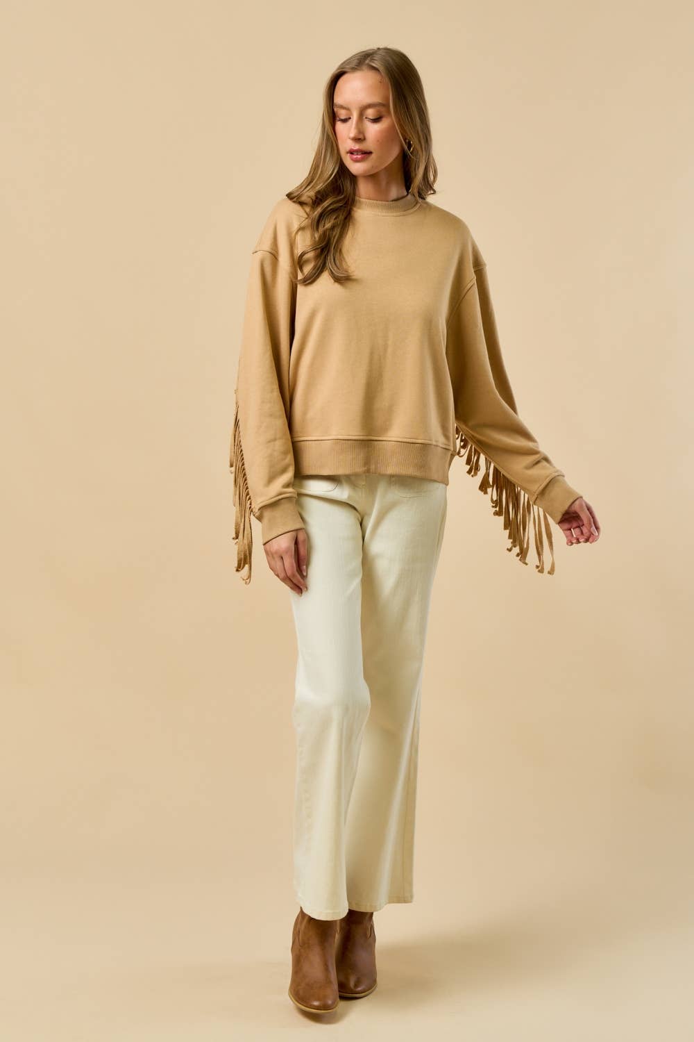 LT TAUPE ILT6356 Crew Neck Long Sleeve French Terry Top with Fringe for wholesale on Faire5