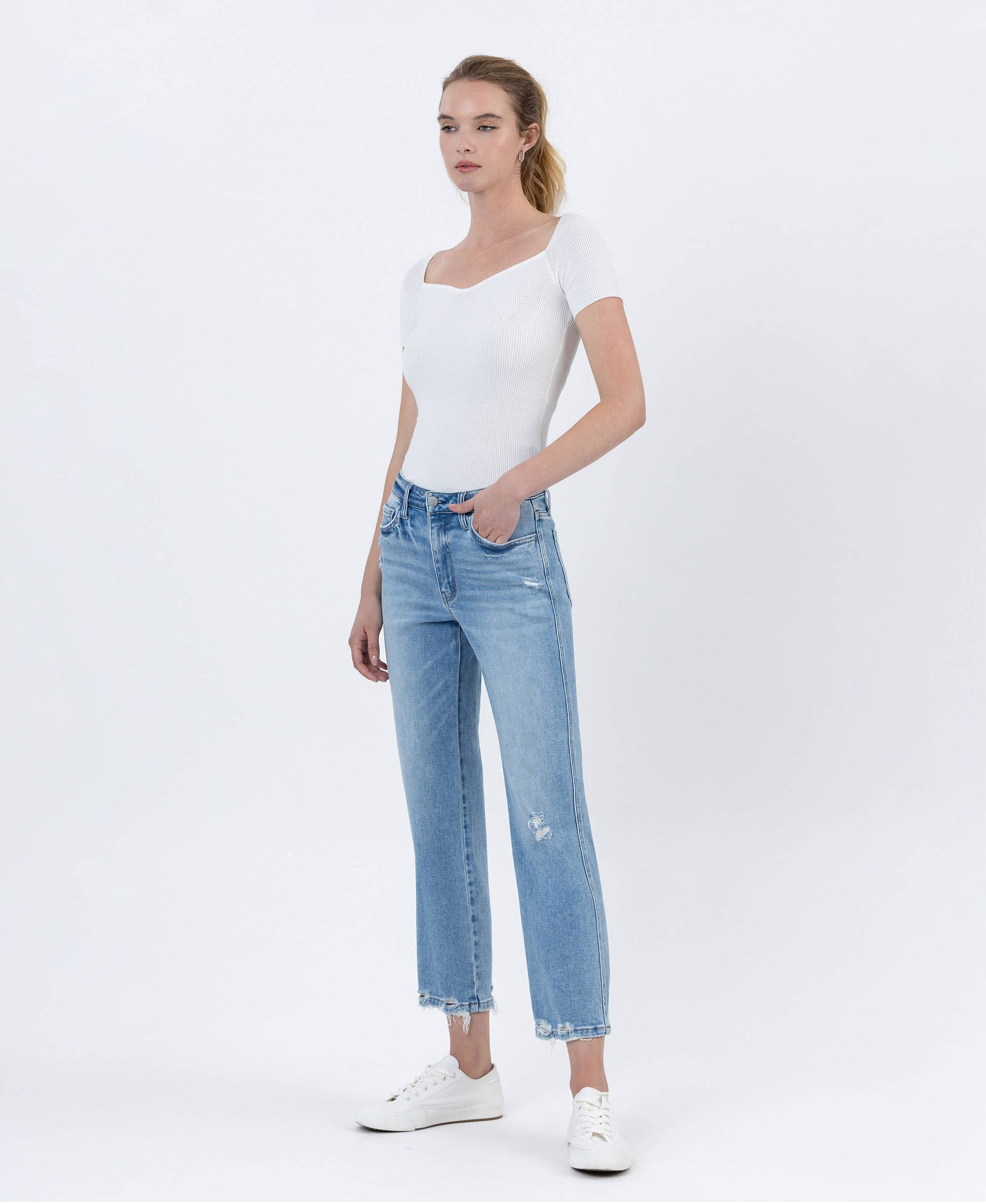 BOATLOAD HIGH RISE DISTRESSED HEM CROP STRAIGHT JEANS F6039 for wholesale on Faire7