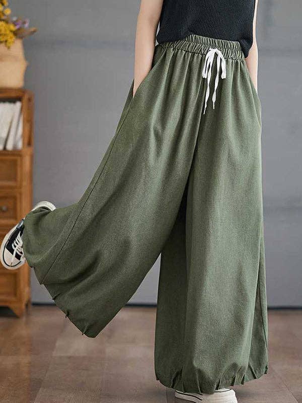 ShieldChic - Wholesale Pants - Women's - High Waisted Loose Drawstring Elasticity Pleated Pockets Culotte Knickerbockers1