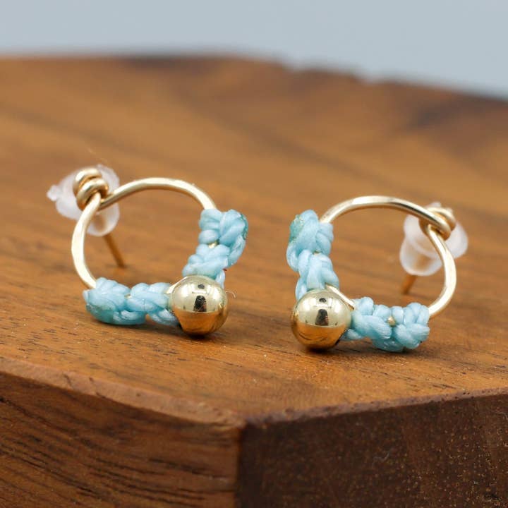 Macrame Stud Earrings Blue | Gold Fill - Petal | Handmade for wholesale by The Stitch Alliance