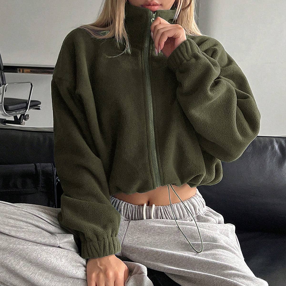 OLIVEGREEN Stand-up collar thickened fleece drawstring coat for wholesale on Faire1