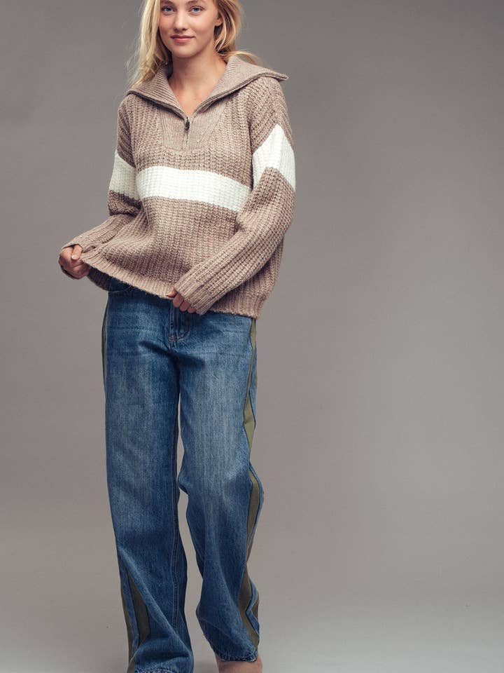 Urban Daizy - Wholesale Knit Sweater - Women's - Contrast Stripe Half-Zip Knit Sweater14