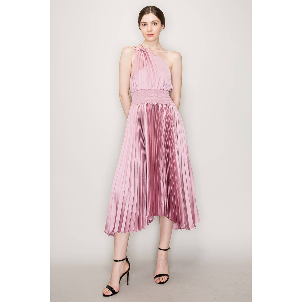 INA - Wholesale Dress - Women's - One-Shoulder Double Strap Pleated Satin Dress5