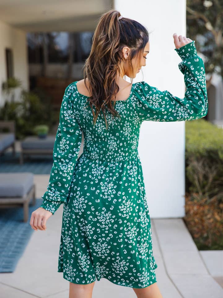 Tickled Teal - Wholesale Dress - Women's - Smocked Square Neck Long Sleeve Triana Dress