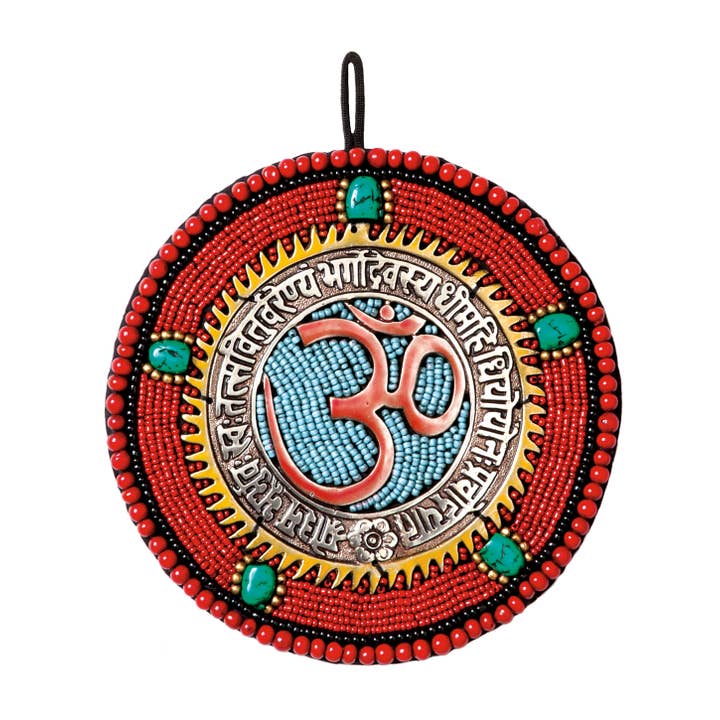 Triloka - Wholesale Wall Accent - Om Wall Hanging With Gayatri Mantra - Beaded