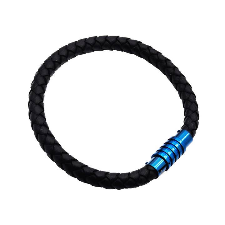 Men's Black Leather and Blue Plated S.Steel Bracelet for wholesale by Blackjack Mens Jewelry