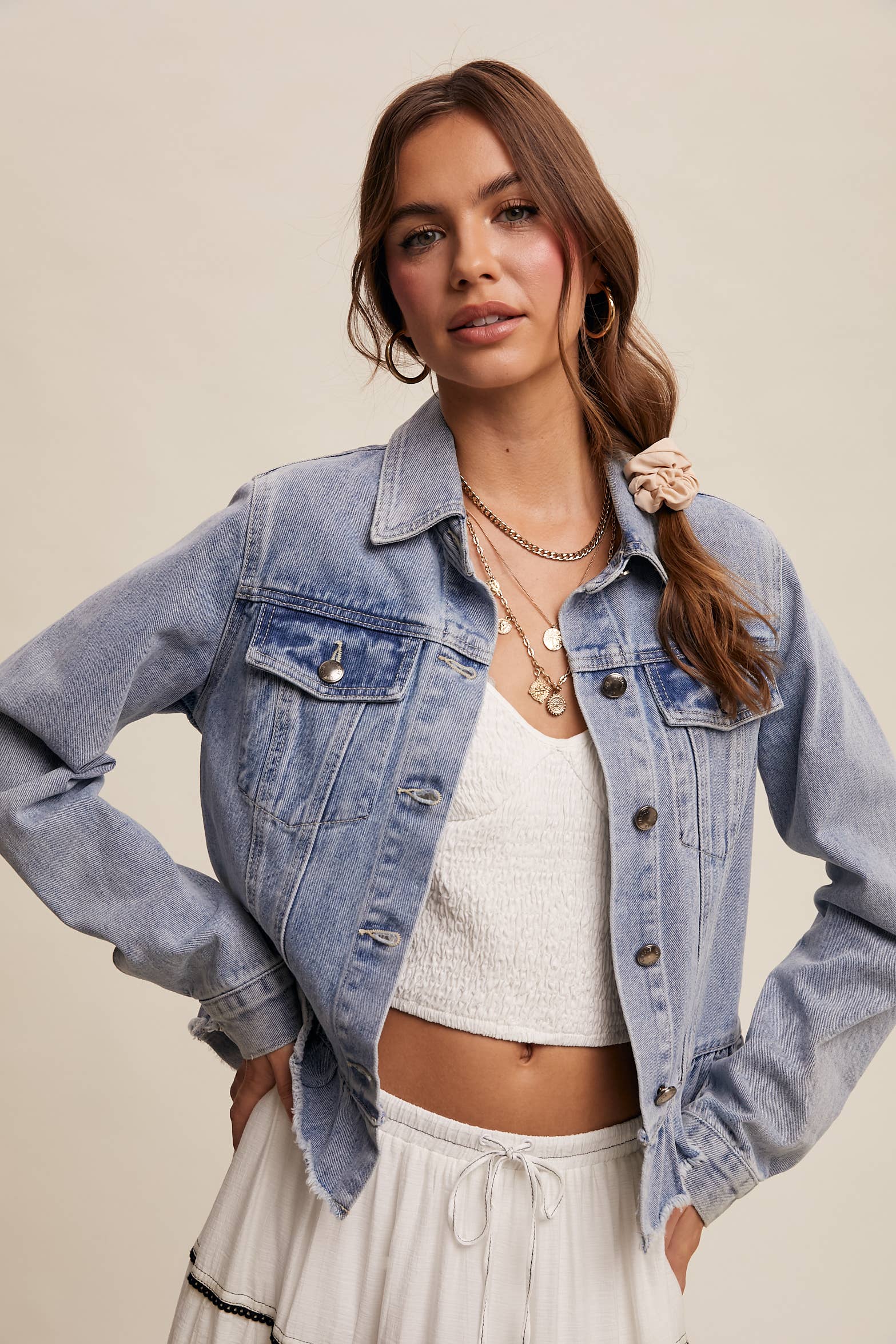 Listicle - Wholesale Denim Jacket - Women's - Ruffled Hem Denim Jacket LJ02360