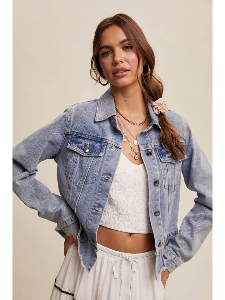 Listicle - Wholesale Denim Jacket - Women's - Ruffled Hem Denim Jacket LJ0236