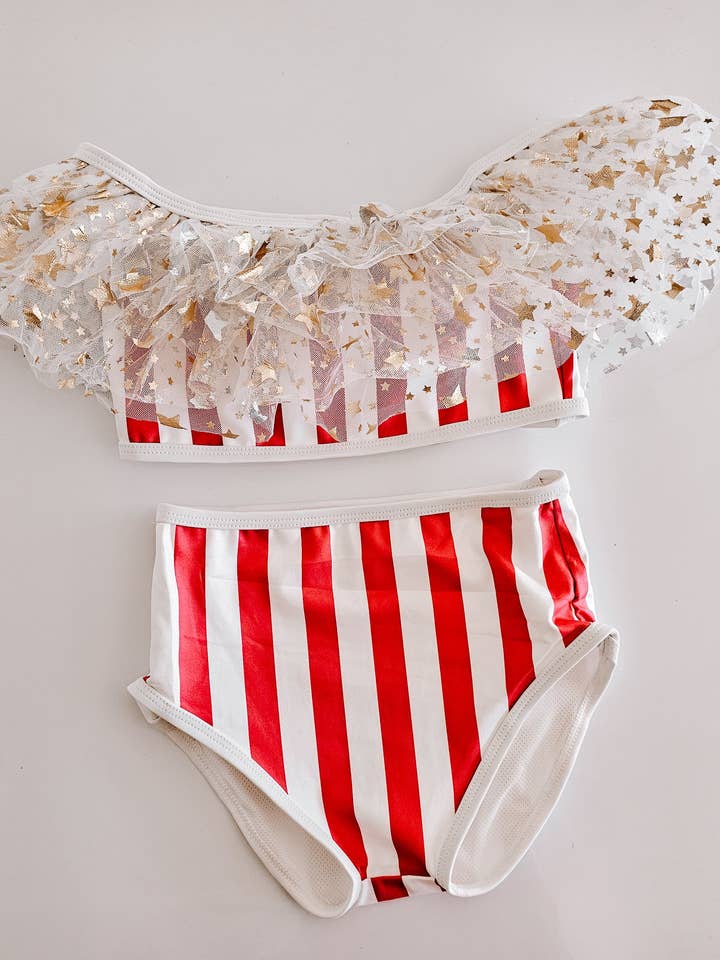 Red and white stripes with stars bikini for wholesale by Fancy Shmancy Baby