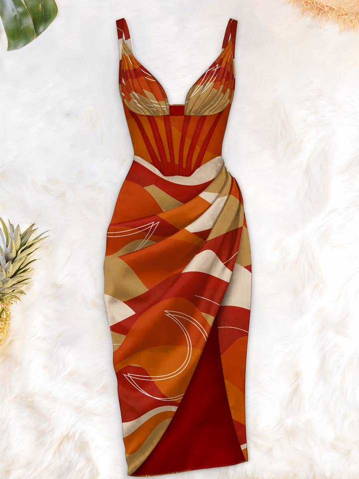 Red Moon Print Maron Draped midi dress for wholesale on Faire