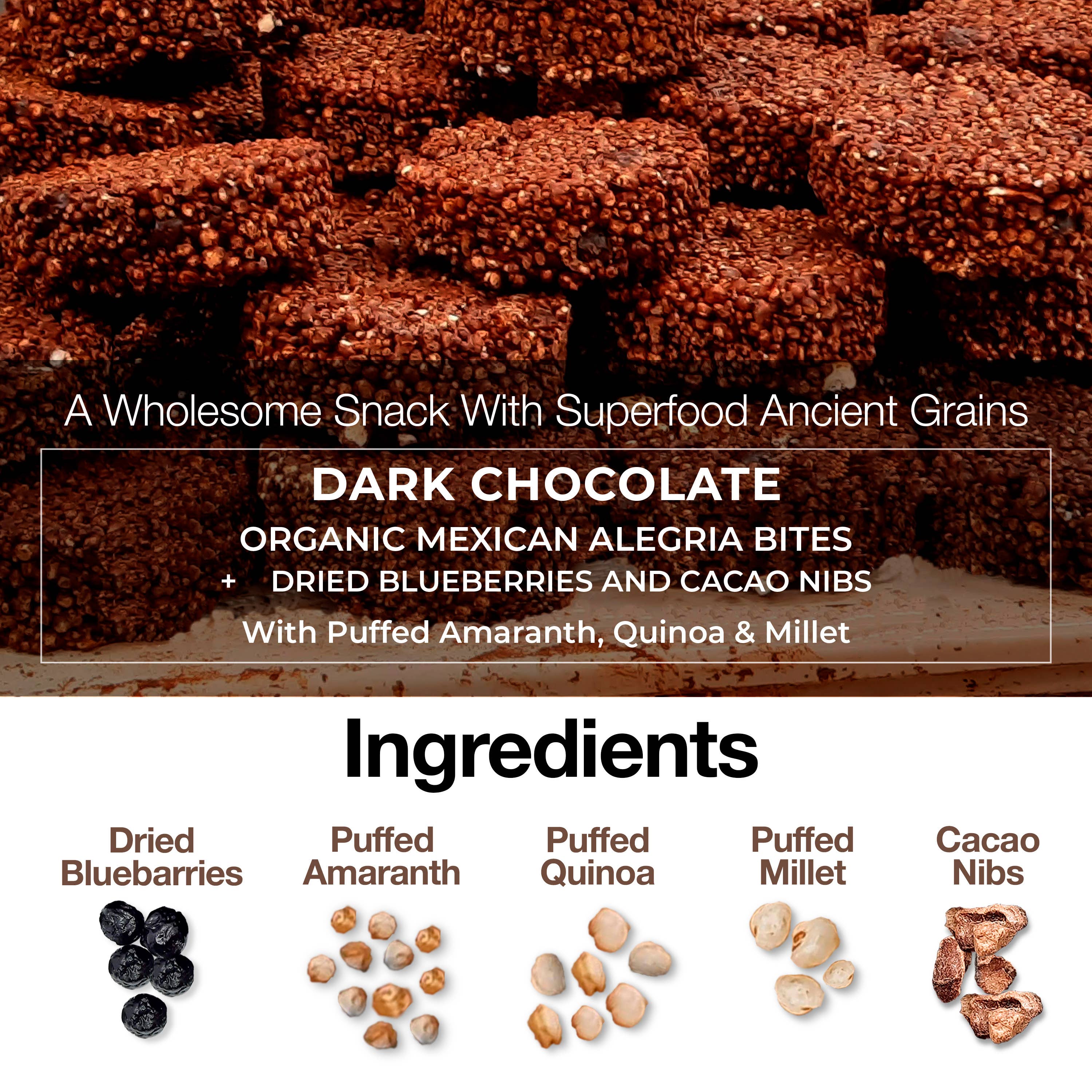 Paktli Foods - Wholesale Chocolate Covered Sweets - NEW Dark Chocolate Alegria Bites+Blueberries/Cacao Nibs9