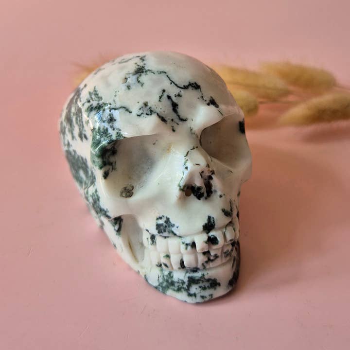 Moonlight Gemstones - Wholesale Spiritual Stone/Crystal - XL Gemstone Skull Moss Agate Skull #7 - 9cm 413gram Skull1