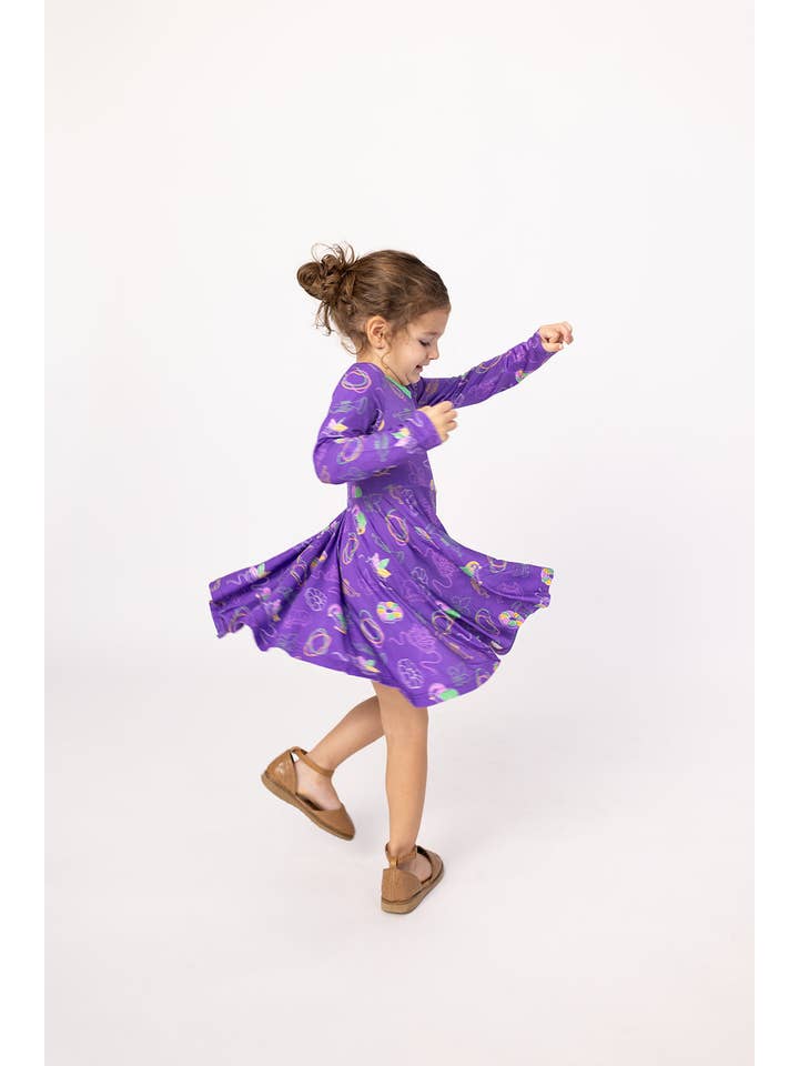 Southern Slumber - Wholesale Dress - Kids - Mardi Gras Purple Bamboo Long Sleeve Twirl Dress6