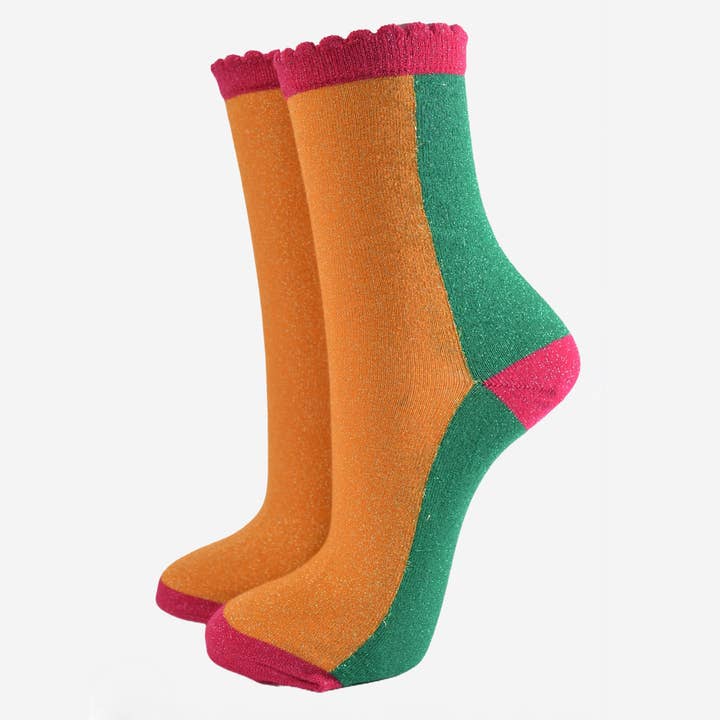 Meias Glitter Femininas - Laranja/Verde, Color Block por atacado de Sock Talk