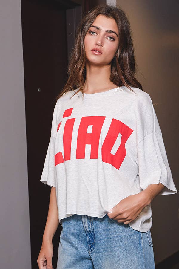 H grey Red T1754D 'CIAO' Graphic Jersey Boxy Crop Top for wholesale on Faire13