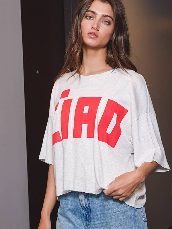 H grey Red T1754D 'CIAO' Graphic Jersey Boxy Crop Top for wholesale on Faire13