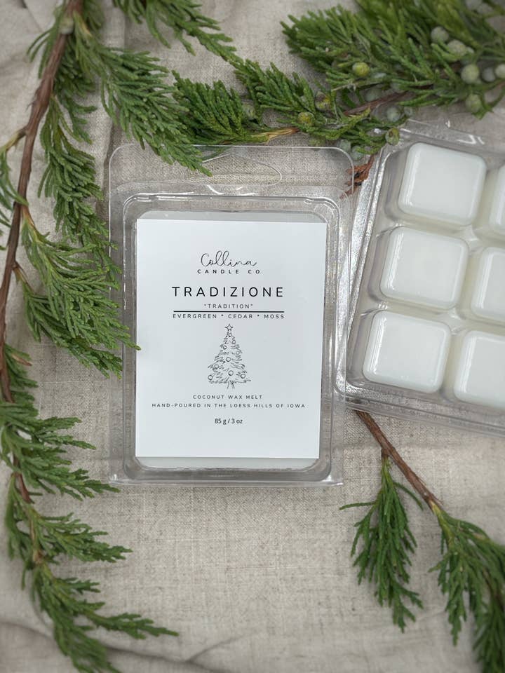 Tradizione Christmas Coconut Wax Melt Evergreen for wholesale by Collina Candle Co., LLC