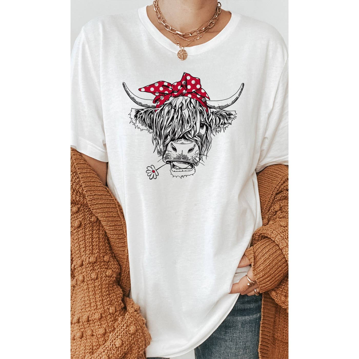 Kissed Apparel - Wholesale Screen Printed T-Shirt - Women's - Highland Cow Red Bandana Farm Country Western Graphic Tee5