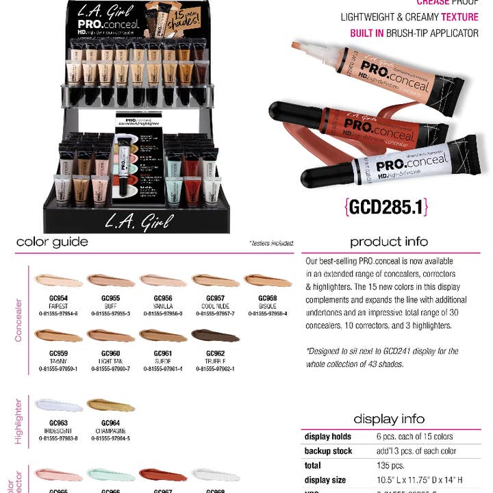 GCD285.1 - LA GIRL PRO CONCEAL CONCEALER EXTENDED (135PCS, w/ FREE TESTERS) w/ ACRYLIC DISPLAY (1 PCS) for wholesale by WHOLESALEBEAUTYLA