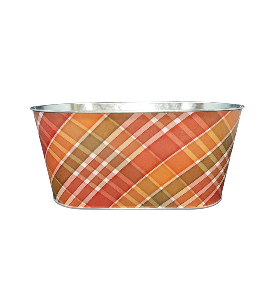 Thompson Wholesale - Wholesale Plant Pot - Fall Plaid Oval Metal Pots