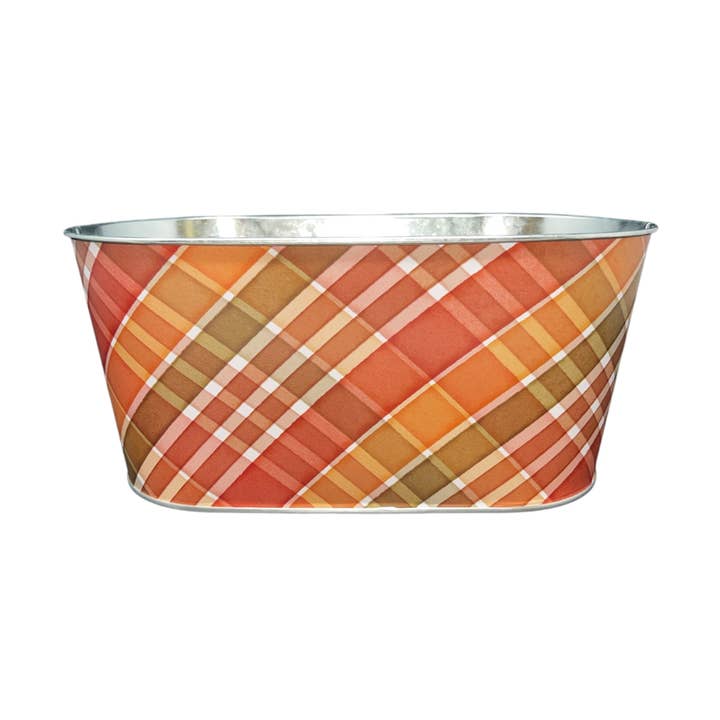 Thompson Wholesale - Wholesale Plant Pot - Fall Plaid Oval Metal Pots0