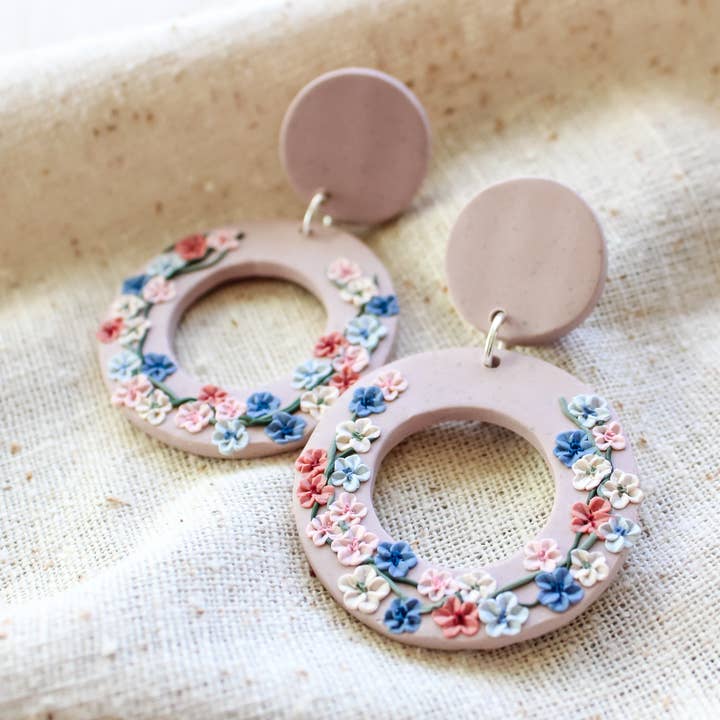 Pink and Blue Floral Earrings - Delta Wreath Shape for wholesale by The Watermark Design