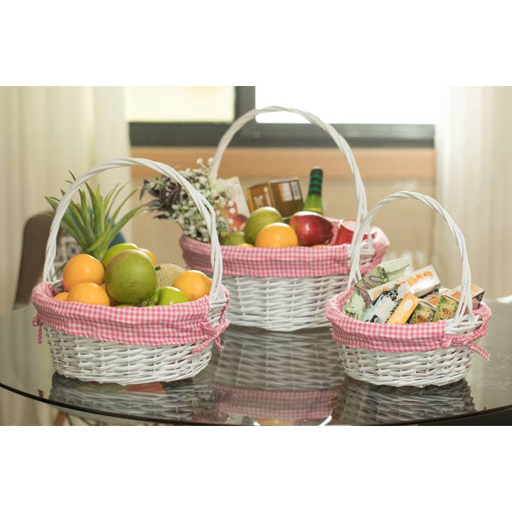 Quickway Imports - Wholesale Basket - White Round Willow Gift Basket, with Gingham Liner & Handle7