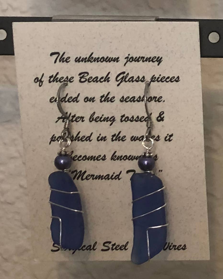 Essence of Fire & Sea - Wholesale Dangle Earrings - Beach Glass / Sea Glass Wire Wrapped with Pearl Earrings0
