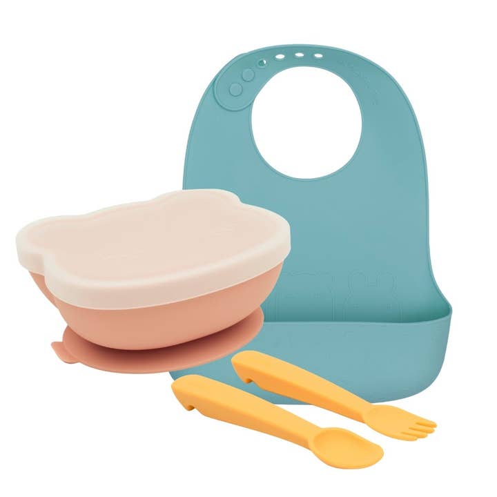 Baby Feeding Set - Stickie Bowl, Bib & Feedie Fork & Spoon (Pistachio) (preorder) for wholesale by We Might Be Tiny