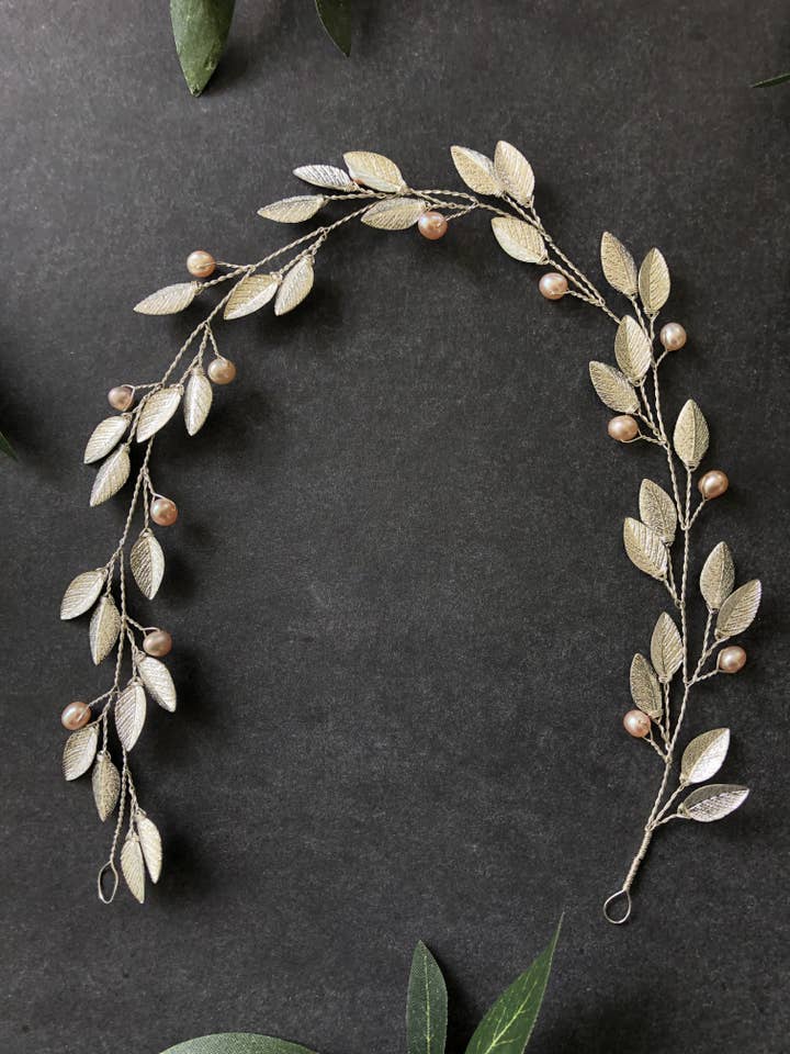 SILVER & BLUSH Pearl Bridal Hair Vine | Feather Hair Vine, Freshwater Pearl Festival Braid Vine for wholesale by Sweet Olive Hairpieces