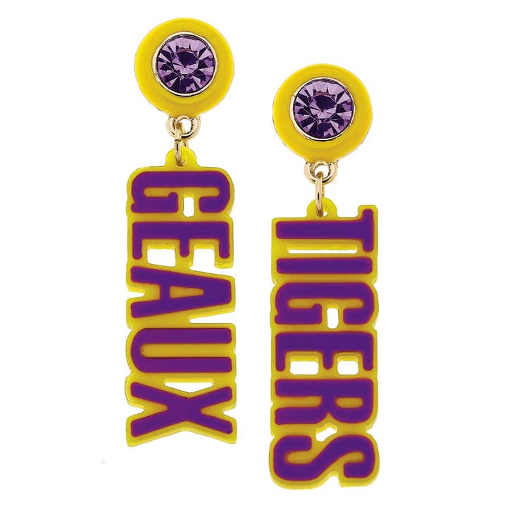 LSU Tigers Resin Block Letter Earrings in Purple for wholesale by Canvas Style