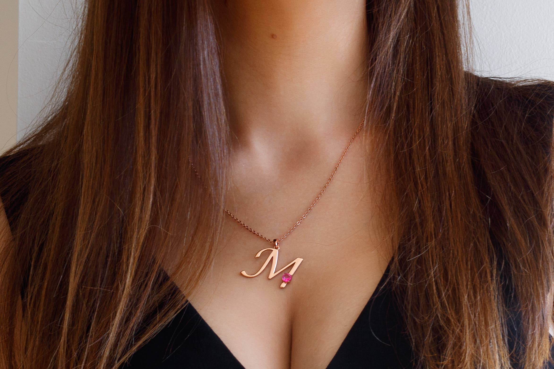 Thesoftcheek Jewelry - Wholesale Pendant/Charm Necklace - Initial Letter Necklace Silver Rose Gold Vermeil- Pink Topaz16