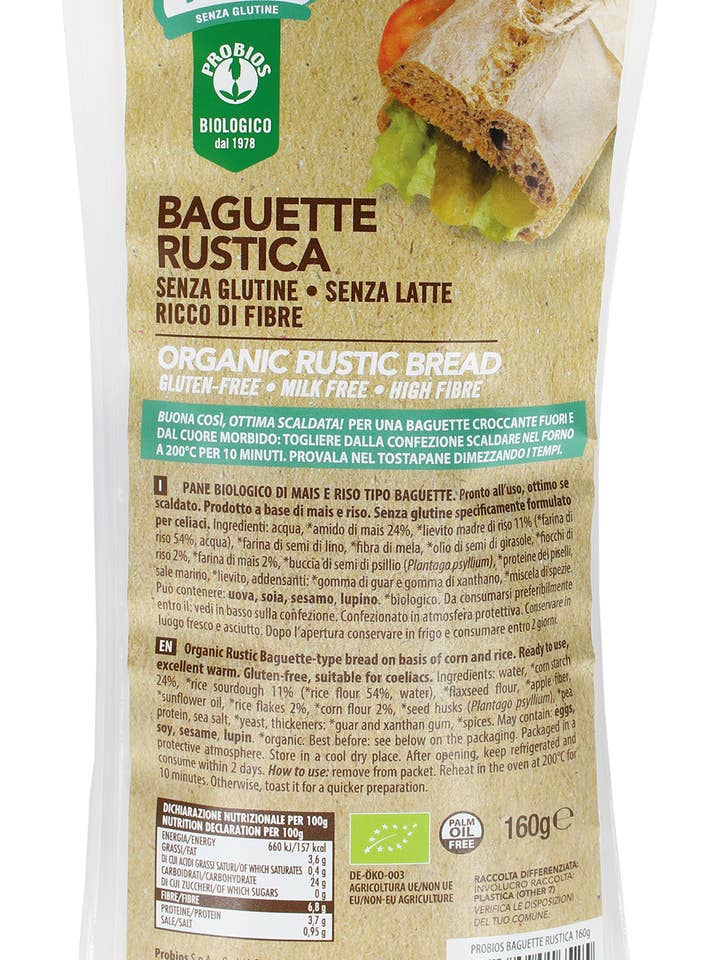 Rustic organic baguette gluten-free, dairy-free for wholesale by Probios