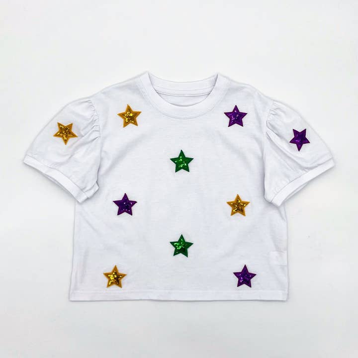 Haut à motif étoilé violet, vert et doré pour la vente par Blended Spirit Children’s Clothing