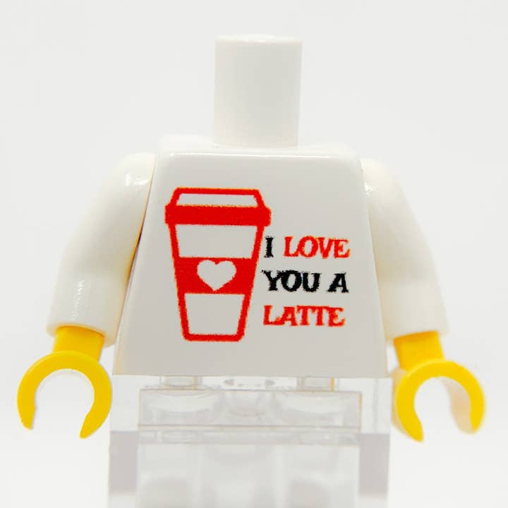 Printed "I Love You A Latte" Minifig Torso made using LEGO parts - B3 Customs for wholesale by B3 Customs
